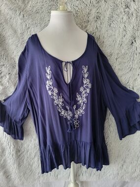 Unique Spectrum Navy Embroidered Peasant Tunic with Tassel Tie